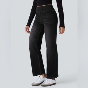 Halara Flex High Waisted Pull On Straight Leg Washed Casual Charcoal Blk Denim L